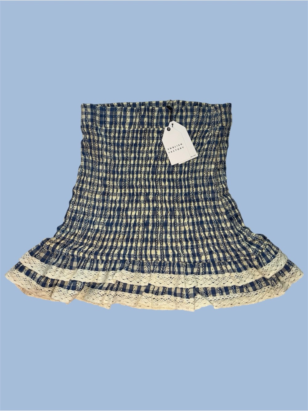 English Factory Blue and Cream Gingham Smocked Lace Trim Mini Skirt